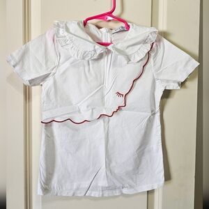 VETTA White Kids Tee with Red Scallop Trim